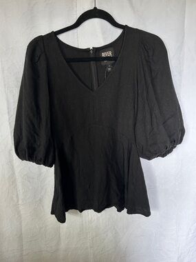 RIVER ISLAND LONDON Black Puff Sleeve V-Neck Top. Size 8. Flairs at bottom.